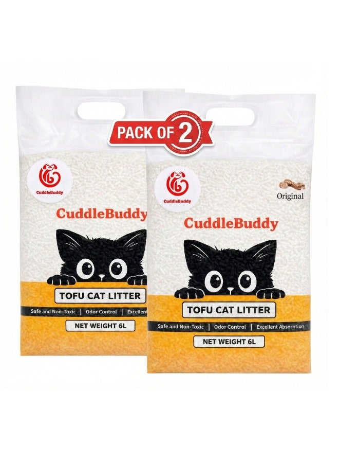 CuddleBuddy Tofu Cat Litter, Original Milk Scent, Strong Clumping, Low Dust Odor Control, Eco‑Friendly Plant‑Based Pellets, 6 L (2.5 kg) Bags, Pack of 2 - Image 1
